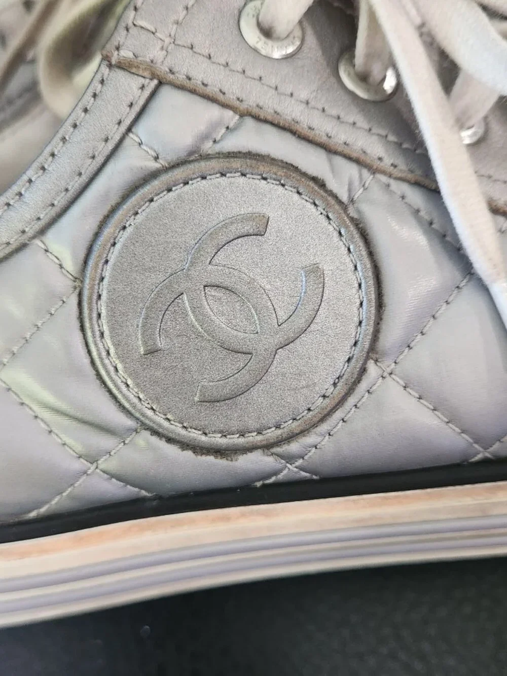 CHANEL silver quilted